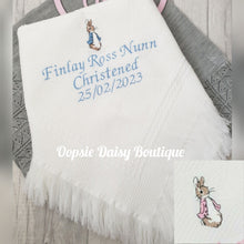 Load image into Gallery viewer, Personalised Christening Day Shawl Blanket Peter Rabbit Flopsy Bunny