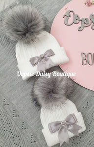 Baby Girls Lovely Knitted Pom Pom Hats with Ribbon