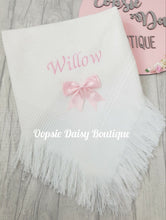 Load image into Gallery viewer, Personalised Baby Shawl Blanket with Ribbon Christening Shawl Extra Wording