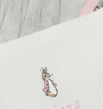Load image into Gallery viewer, Personalised Christening Day Shawl Blanket Peter Rabbit Flopsy Bunny
