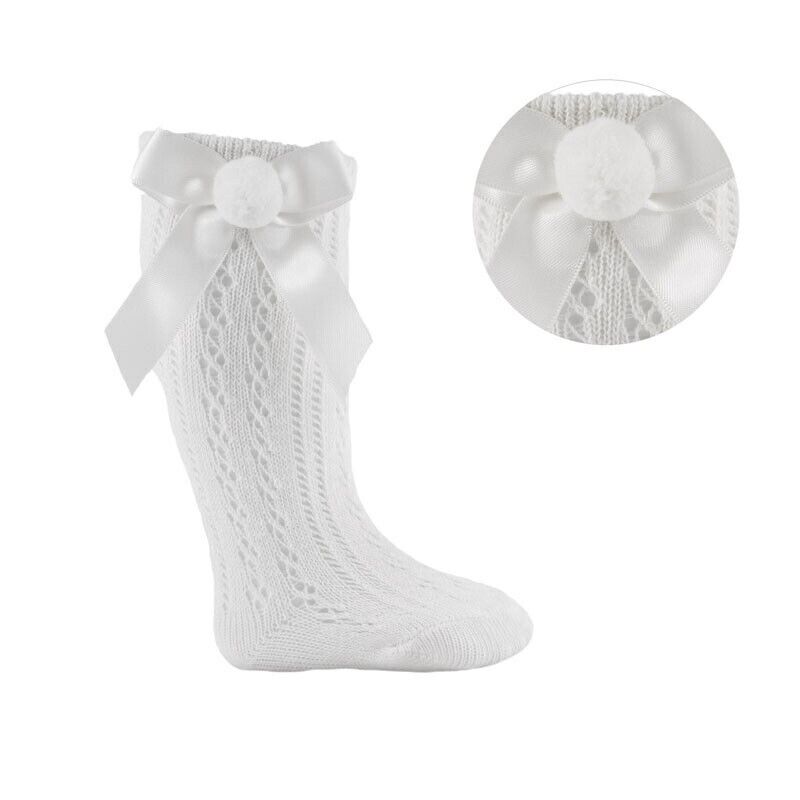 Girls Boys White Pelerine Knee High Ribbon & Pom Pom Socks – Oopsie ...