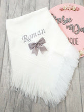 Load image into Gallery viewer, Personalised Baby Shawl Blanket with Ribbon Christening Shawl Extra Wording