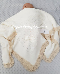 Cream Baby Knitted Shawl Blanket Lace Trim