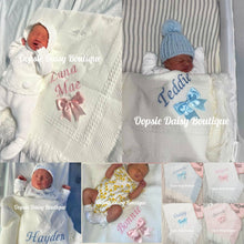 Load image into Gallery viewer, Personalised Baby Shawl Blanket with Ribbon Christening Shawl Extra Wording