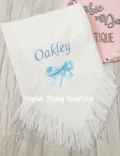 Load image into Gallery viewer, Personalised Baby Shawl Blanket with Ribbon Christening Shawl Extra Wording