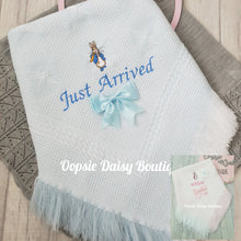 Load image into Gallery viewer, Just Arrived Peter Rabbit Flopsy Bunny Baby Shawl Ribbon Blanket