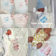 Load image into Gallery viewer, Personalised Baby Shawl Blanket with Ribbon Christening Shawl Extra Wording