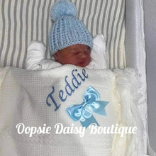 Load image into Gallery viewer, Personalised Baby Shawl Blanket with Ribbon Christening Shawl Extra Wording