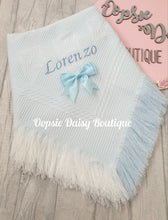 Load image into Gallery viewer, Personalised Baby Shawl Blanket with Ribbon Christening Shawl Extra Wording