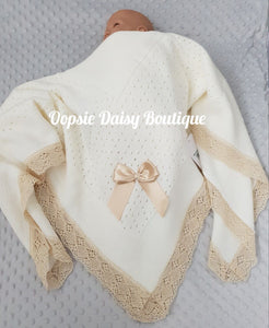 Cream Baby Knitted Shawl Blanket Lace Trim