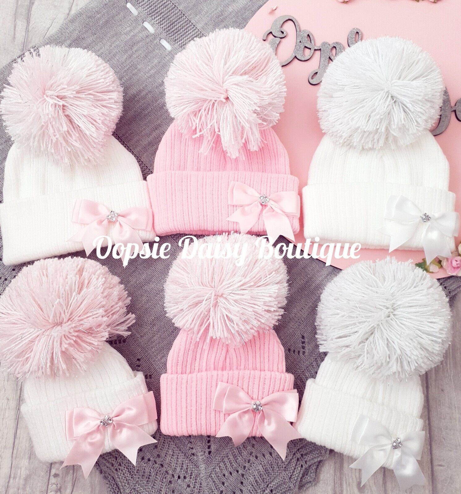 Baby Girls Lovely Knitted Pom Pom Hats with Ribbon Oopsie Daisy Baby Boutique