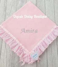 Load image into Gallery viewer, Personalised Baby Blanket Soft Fleecy Ribbon &amp; Broderie Trims Kinder