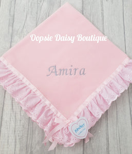 Personalised Baby Blanket Soft Fleecy Ribbon & Broderie Trims Kinder