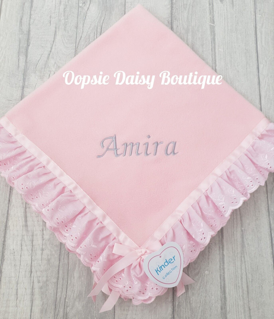 Personalised Baby Blanket Soft Fleecy Ribbon & Broderie Trims Kinder