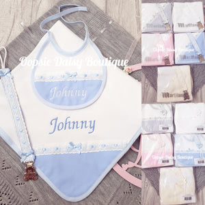 Personalised Spanish Baby Gift Set Dummy Clip, Bib & Blanket/Sheet/Burp Cloth