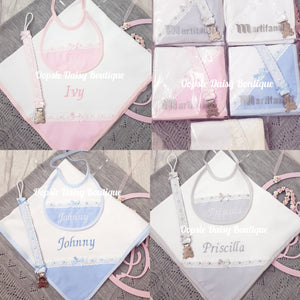 Personalised Spanish Baby Gift Set Dummy Clip, Bib & Blanket/Sheet/Burp Cloth