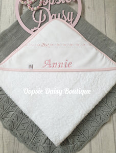 Personalised Baby Hooded Towel Spanish Ribbon Slot