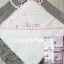 Load image into Gallery viewer, Personalised Baby Hooded Towel Spanish Ribbon Slot