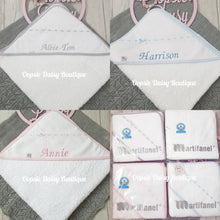 Load image into Gallery viewer, Personalised Baby Hooded Towel Spanish Ribbon Slot